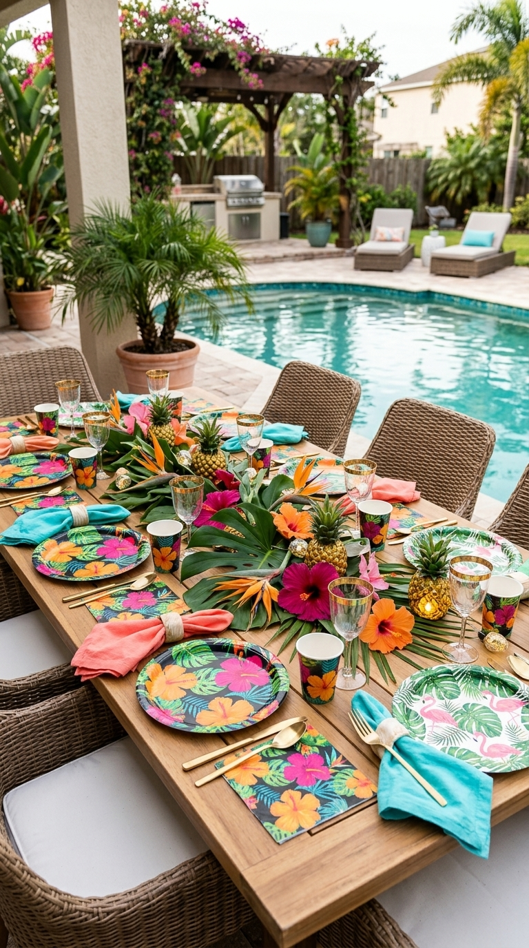 Tropical poolside dining table decorated with colorful floral paper plates, tropical napkins, hibiscus flowers, palm leaves, pineapple accents, and place settings for a summer party.