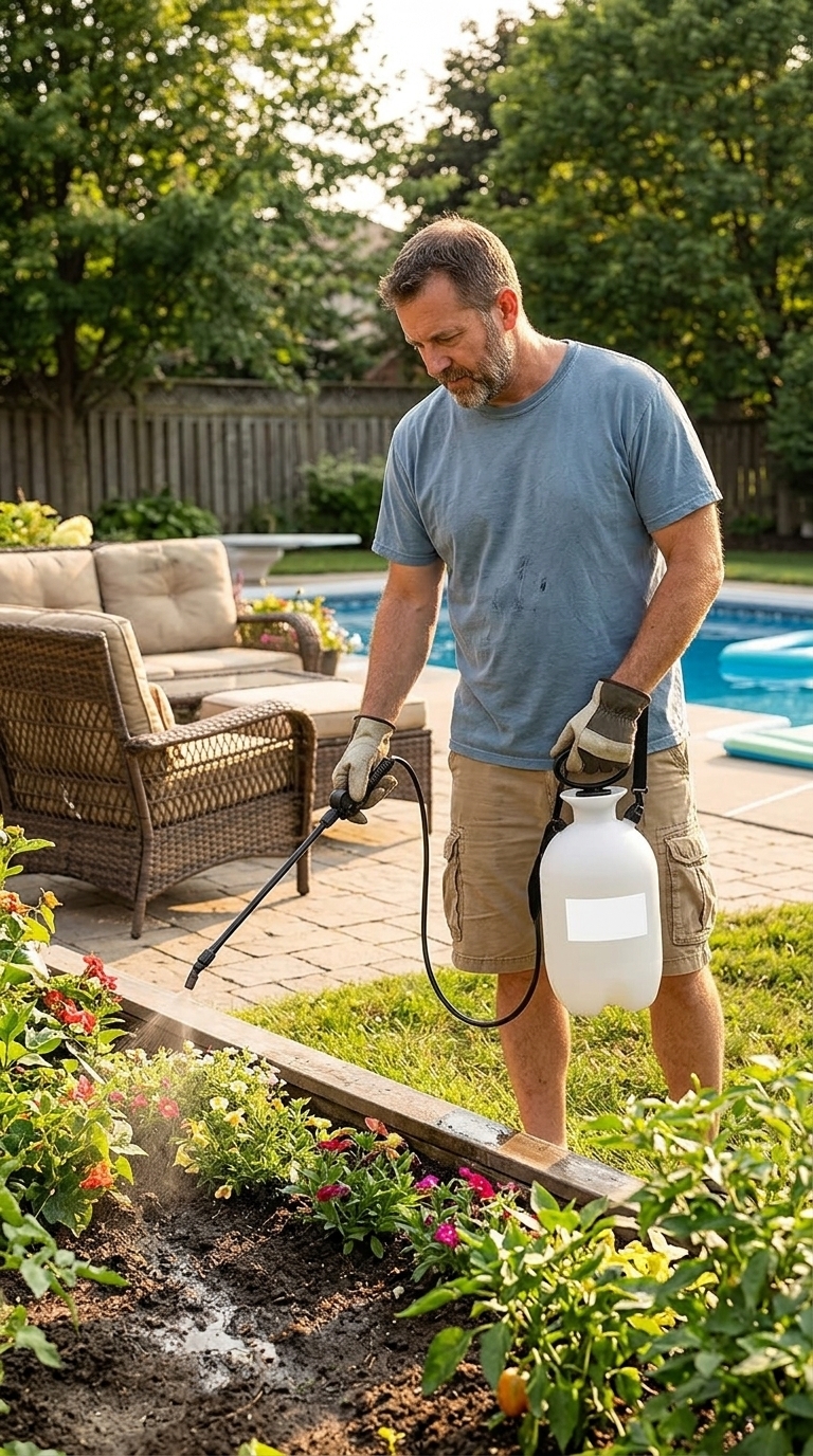 Homeowner using a yard bug sprayer around landscaping and outdoor living areas to help control insects during summer.