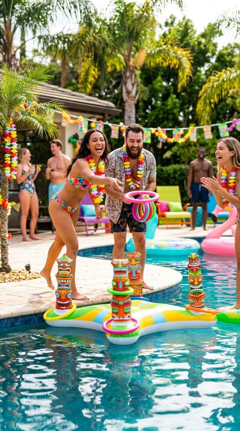 Guests playing a tropical ring toss game beside a swimming pool using colorful rings and tropical-themed targets during a backyard pool party