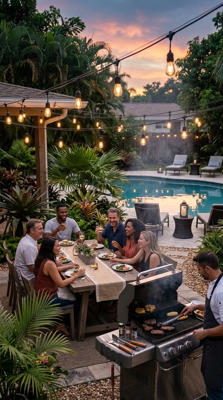 Outdoor string lights glowing above a backyard patio with guests enjoying a summer evening gathering.