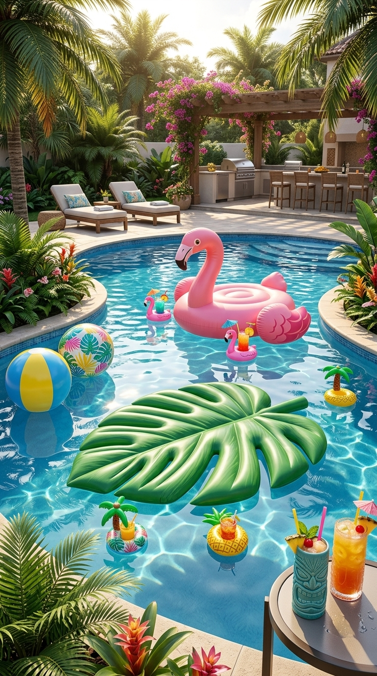 Swimming pool decorated with tropical pool floats including a giant leaf float, pink flamingo float, beach balls, floating drink holders, and tropical pool party decorations