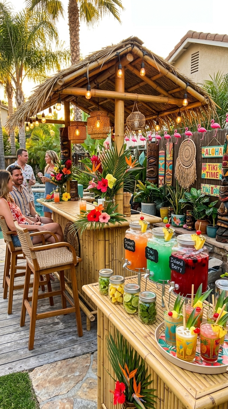 Backyard tiki drink bar decorated with bamboo accents, tropical flowers, tiki masks, colorful party drinks, beverage dispensers, and guests enjoying a tropical pool party