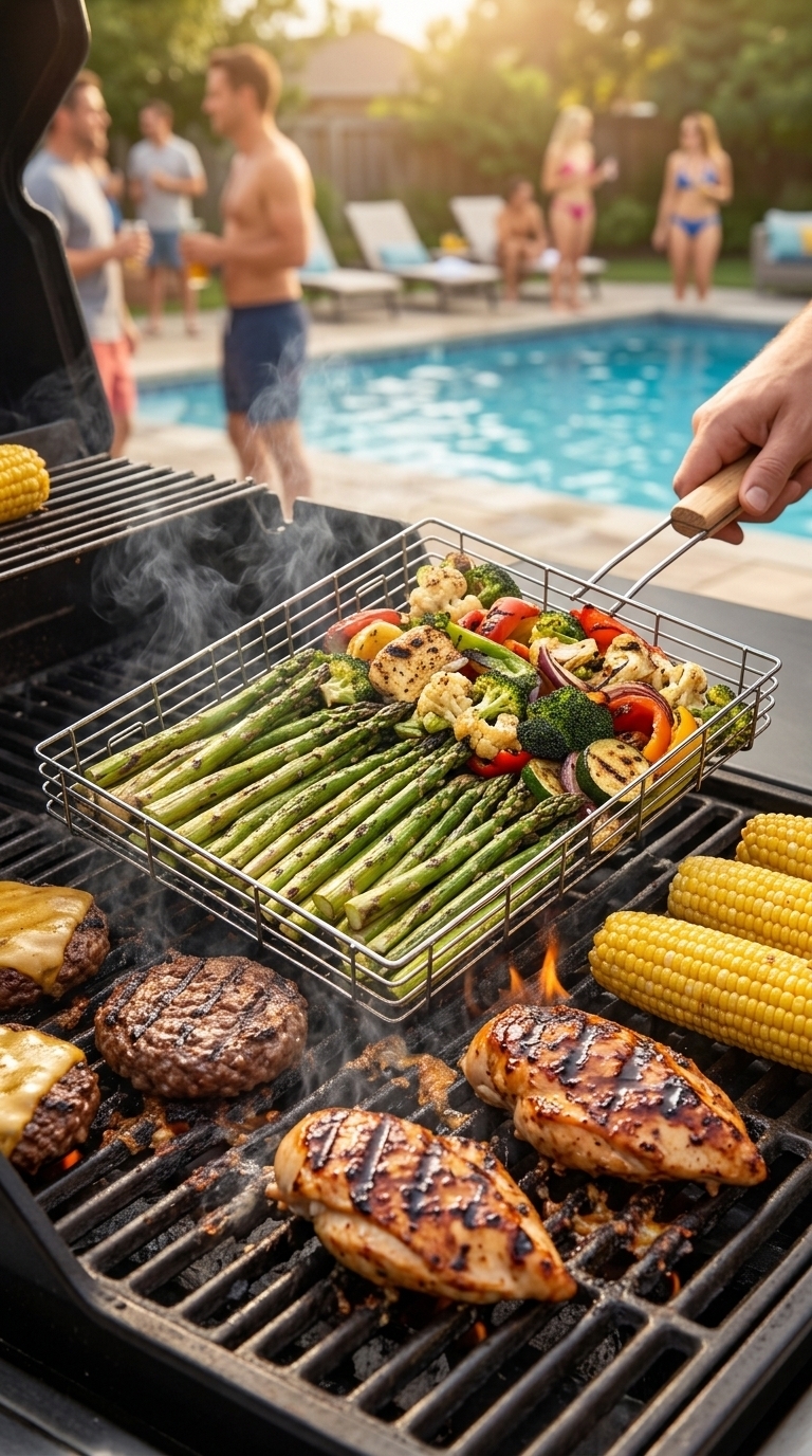 Grill basket filled with colorful vegetables cooking beside burgers and grilled food during a backyard barbecue.