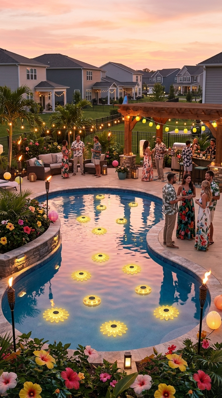 Backyard tropical pool party at sunset featuring floating pool lights, tiki torches, string lights, landscape lighting, and guests gathered around a swimming pool