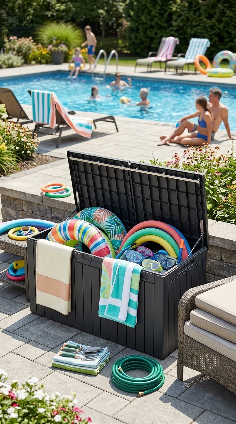 Outdoor storage box organizing pool toys, gardening tools, patio cushions, and backyard accessories