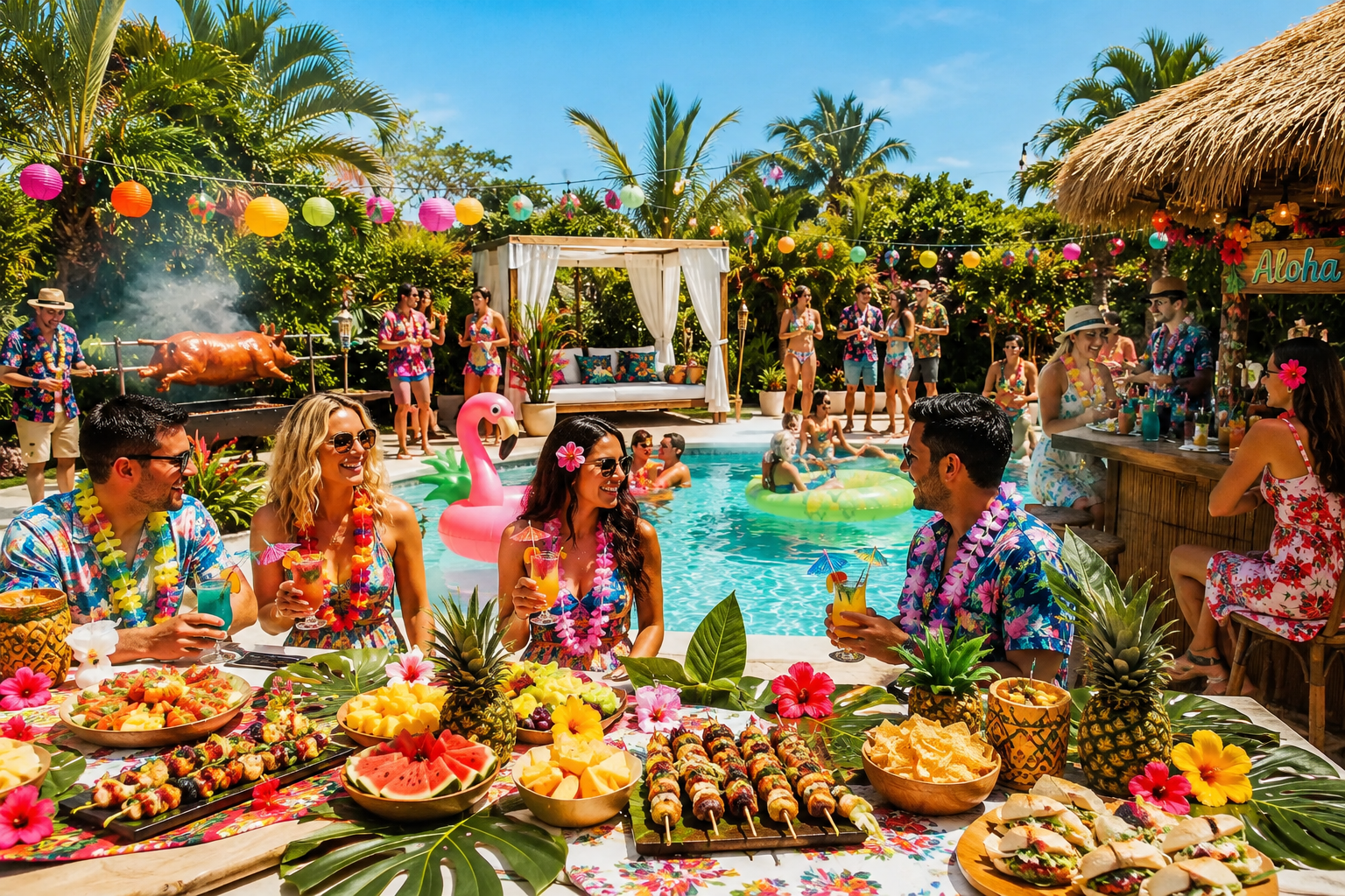 Tropical pool party ideas featuring colorful food displays, tropical drinks, tiki decorations, pool floats, island-inspired entertaining, and guests enjoying a summer pool party.